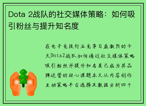 Dota 2战队的社交媒体策略：如何吸引粉丝与提升知名度