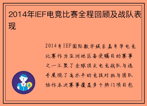 2014年IEF电竞比赛全程回顾及战队表现